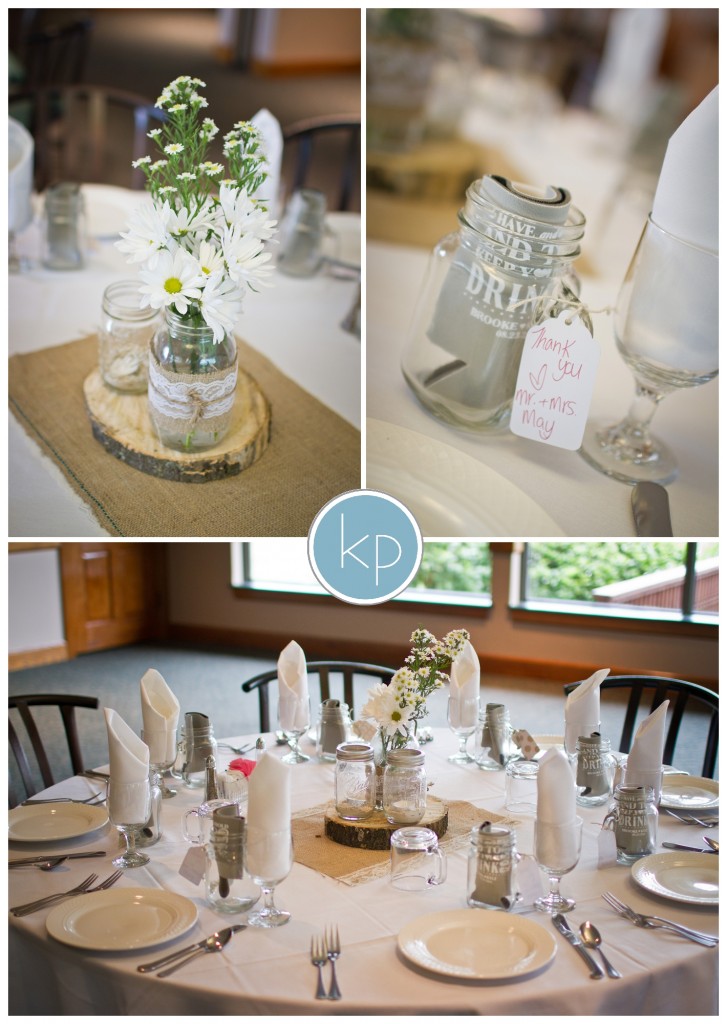 burlap wedding table with coozies for gifts