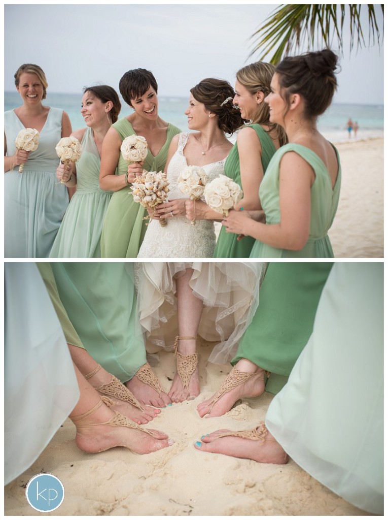 bridesmaids talking, feet in the sand