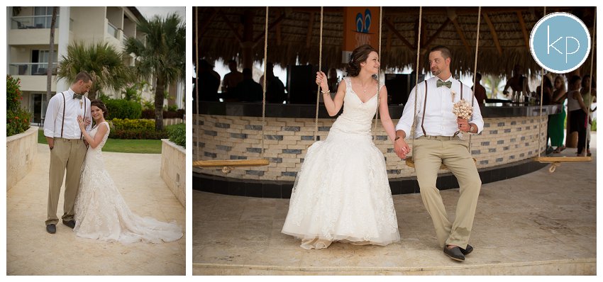 swinging bride and groom