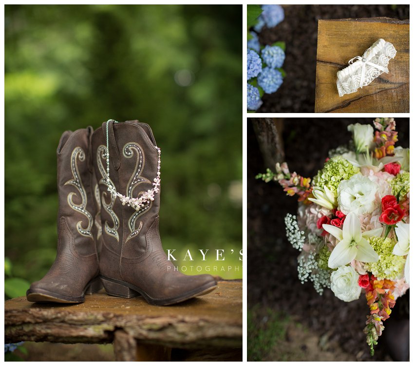 bride's cowboy boots, garter and details