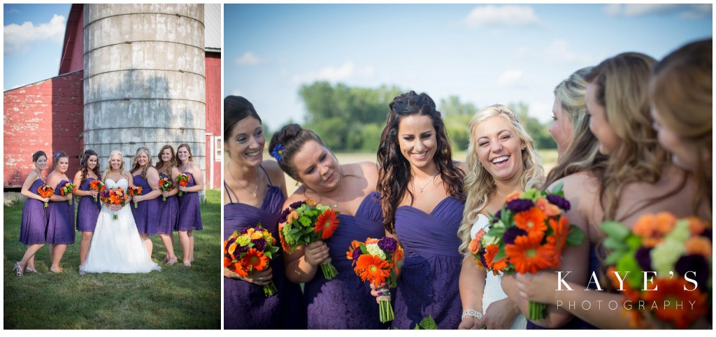 bride with bridesmaids, bride in front of barn