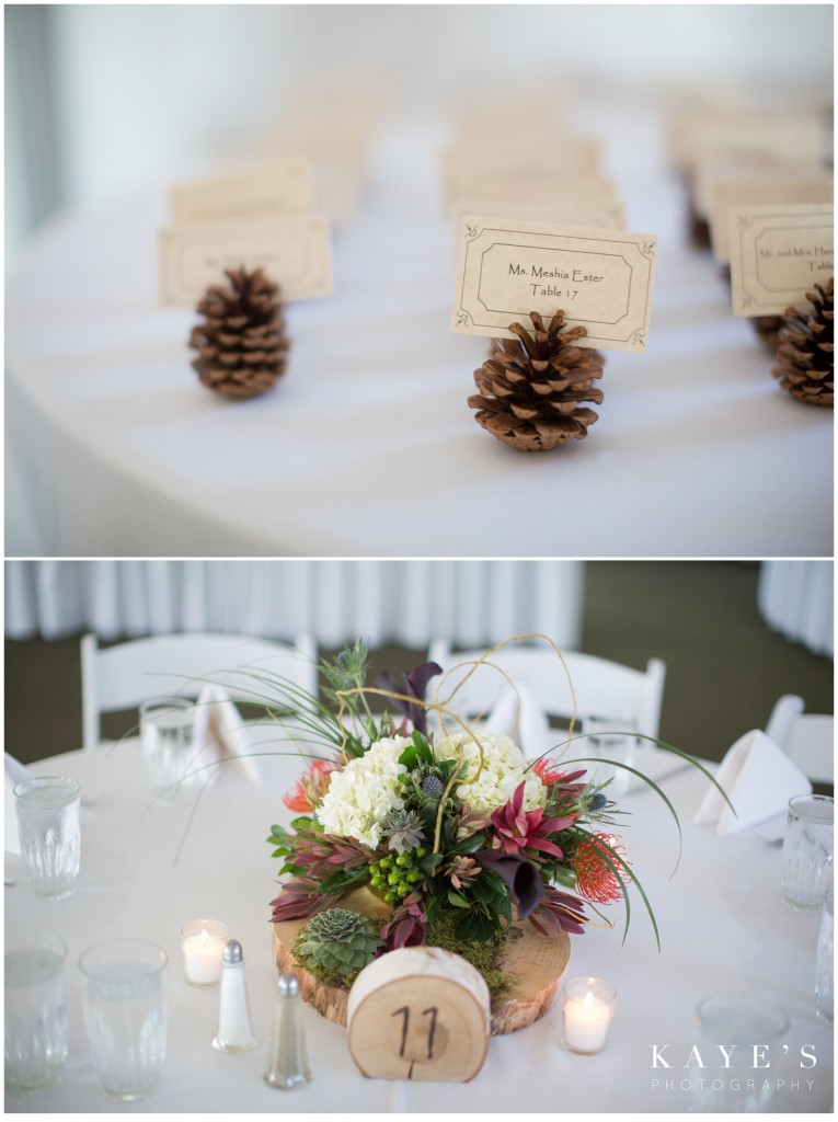 pinecone details, seating placement, centerpieces at reception