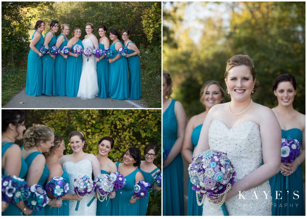 bride in the fall with her bridesmaids