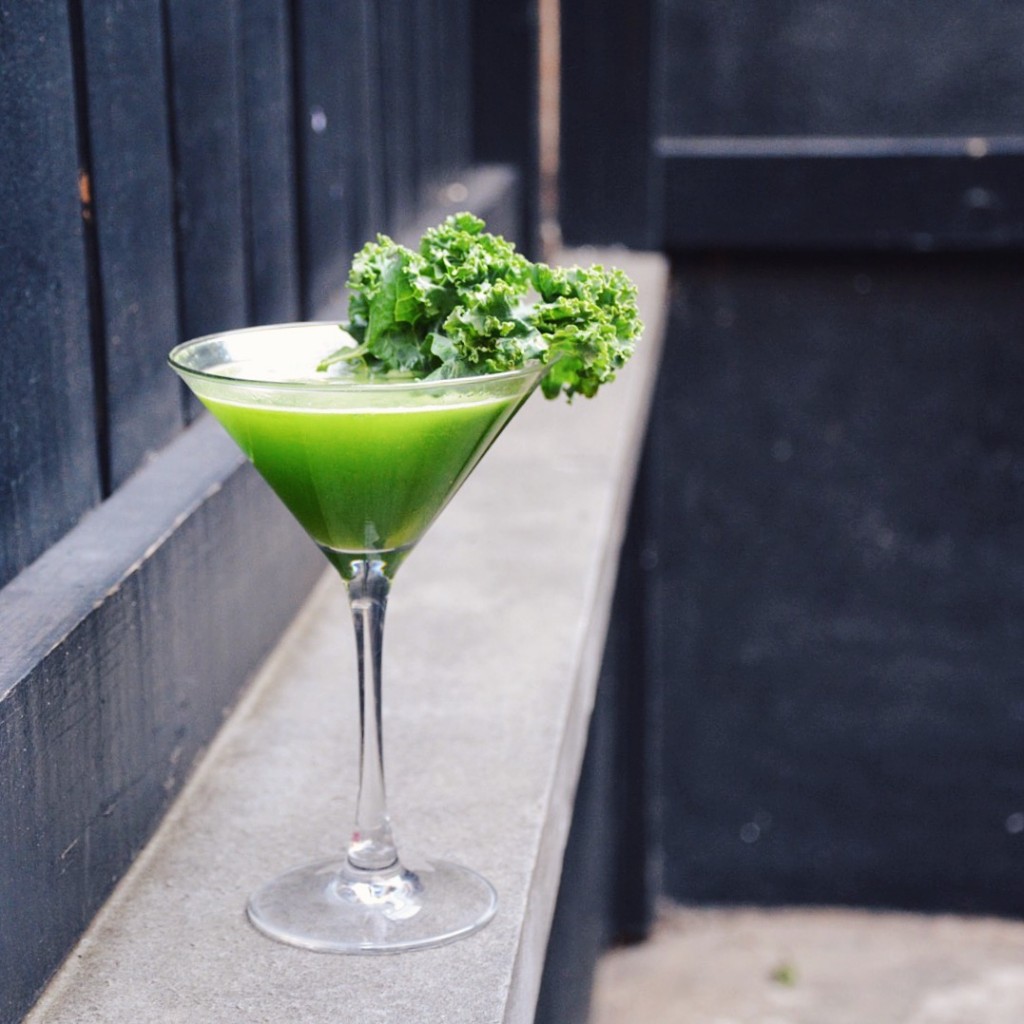 The Resolve with kappa pisco, kale syrup, lemon, and lavender bitters. 