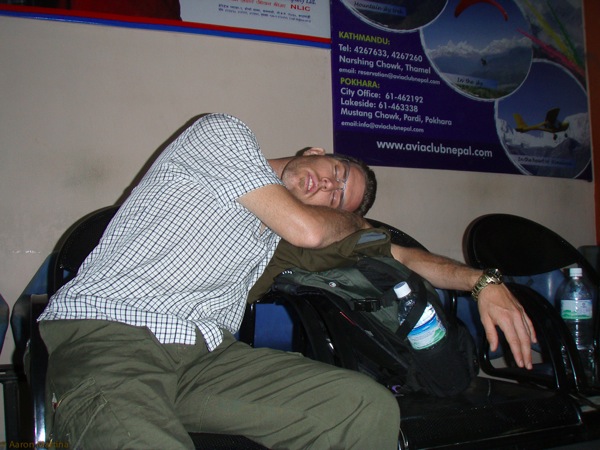Ben napping at the airport in Pohkara