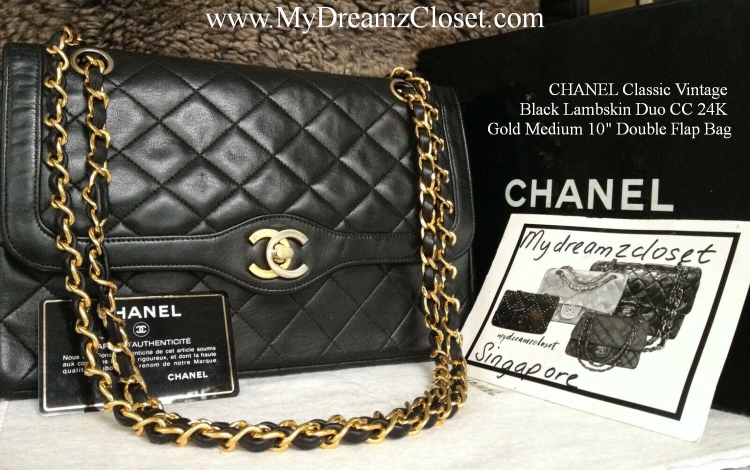 CHANEL Classic Vintage Black CC 24K Gold Medium 10" Flap Bag - My Dreamz Closet