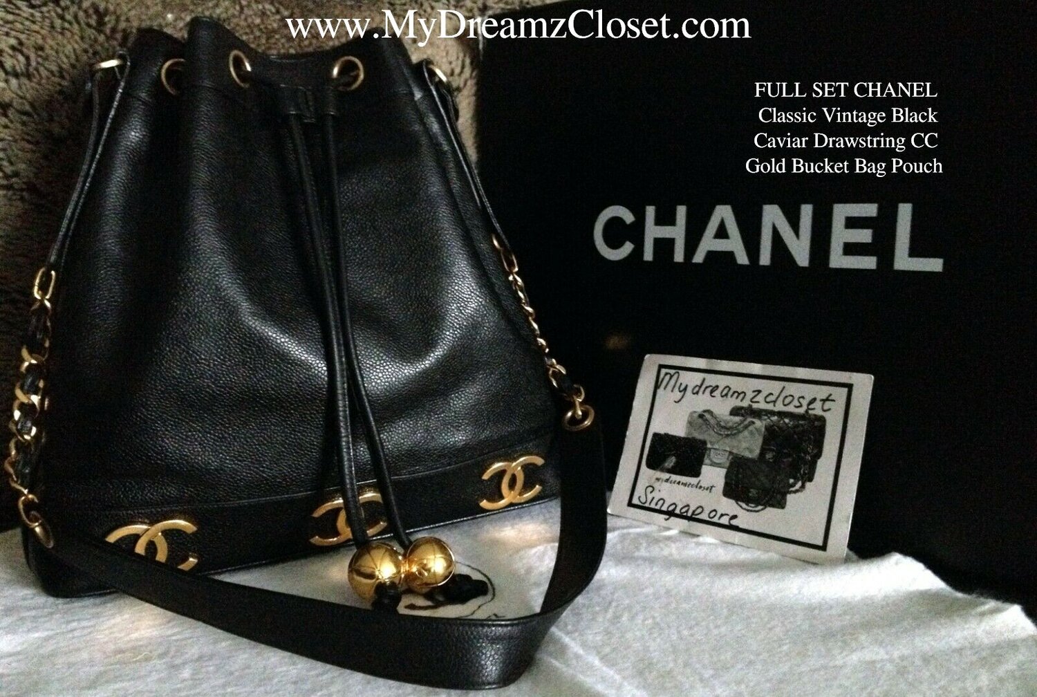 Chanel 1995 Vintage Camel Brown Caviar Bucket Drawstring Bag Tote
