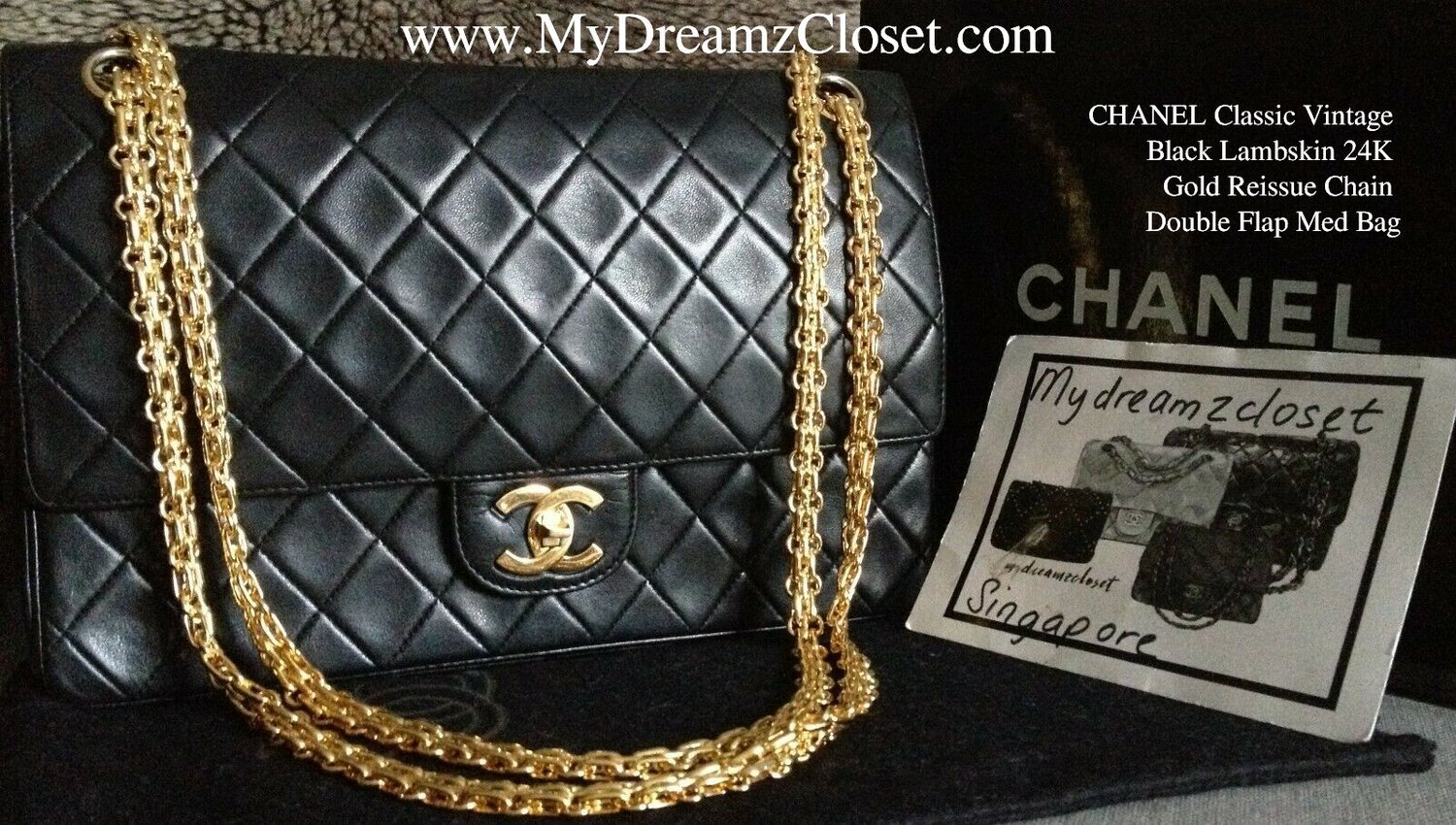 FULL SET CHANEL Vintage Classic Black Lambskin 24K Gold Chain Medium Flap  Bag