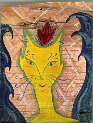 Fairy Cat painting on pine by Kathy Crabbe