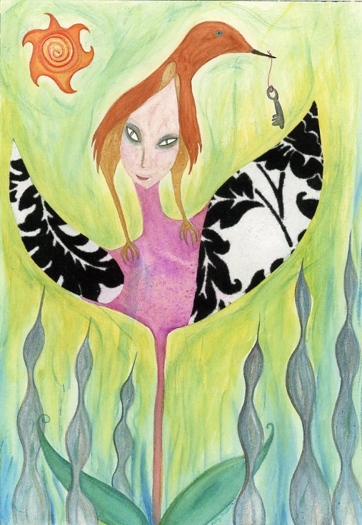 watercolor collage of goddess bird woman by Kathy Crabbe