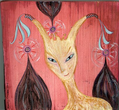 Star Cat acrylic painting on wood by Kathy Crabbe