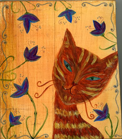   Kathy Crabbe, Kitty Luv, 2014, acrylic on wood, 5x6”.