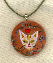 White Kitty Handpainted Wooden Necklace by Kathy Crabbe