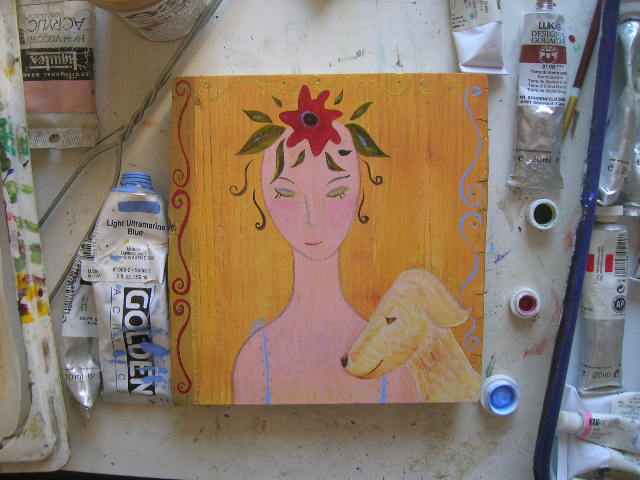 Best Friends, painting on wood in progress by Kathy Crabbe