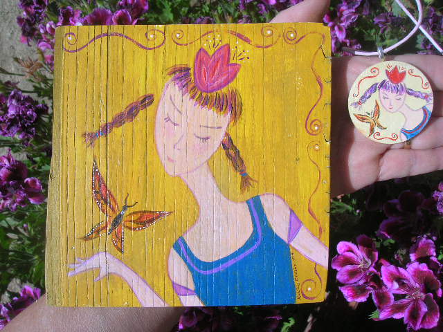Butterfly Girl paiinting and necklace on wood by Kathy Crabbe