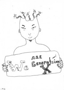 Kathy Crabbe, We are Generation X, 2013, mixed media on paper, 5 x 7”.
