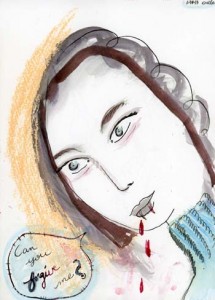 Kathy Crabbe, Can you forgive me? 2013, ink & gouache on paper, 5 x 7”.