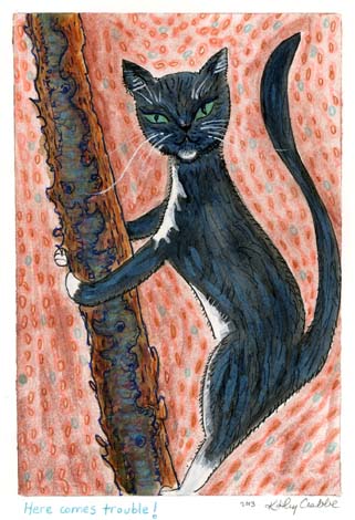 Kathy Crabbe, Here comes trouble!, 2013, watercolor on paper, 5 x 7”