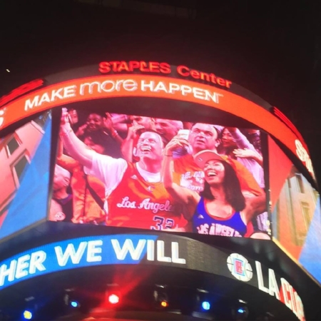 This is me befriending a complete stranger on the jumbotron at a Clippers game I went to alone.