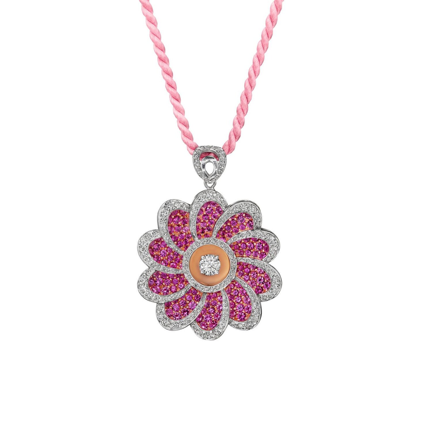 Mosaic Pink Sapphire and Diamond Flower Pendant in 14k Rose Gold (22 in)