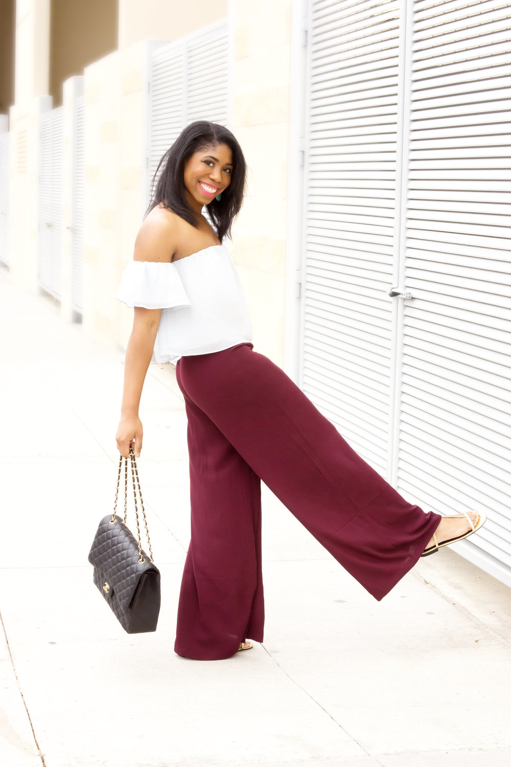 black fashion blogger stephanie taylor jackson dallas blogger off the shoulder top wide leg pants