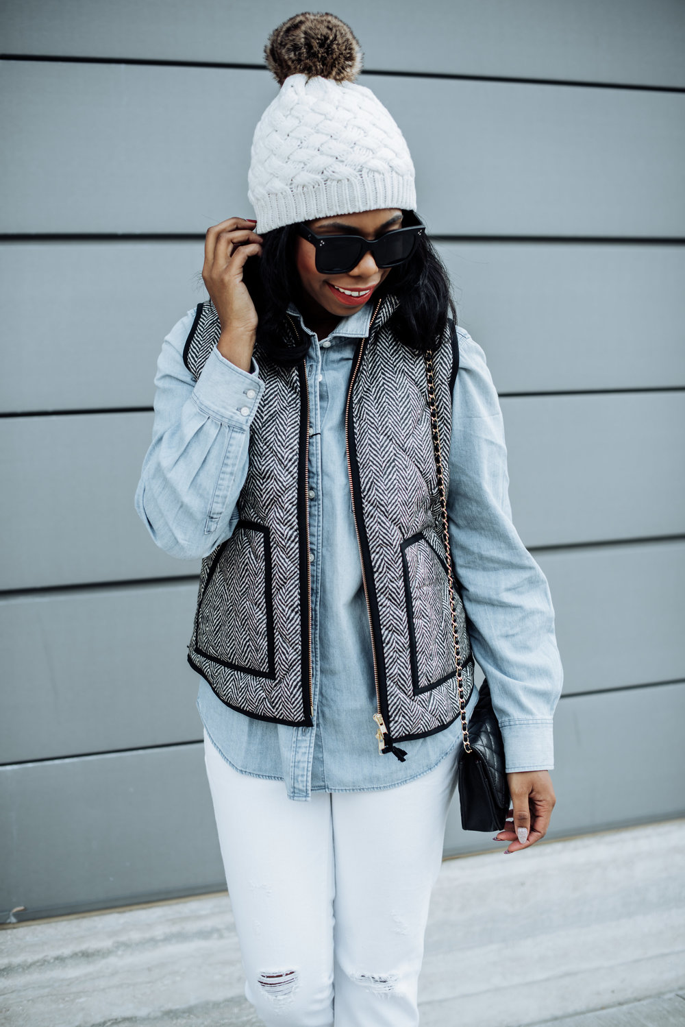 preppy look how to style j. crew chambray shirt quilted vest fall style stephanie steph taylor jackson