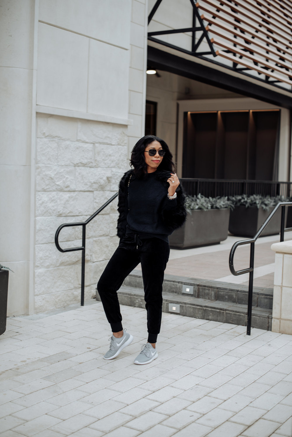 fall style winter style velvet joggers nike tennis shoes faux fur sweater casual glam style stephanie taylor jackson steph taylor jackson dallas tx blogger