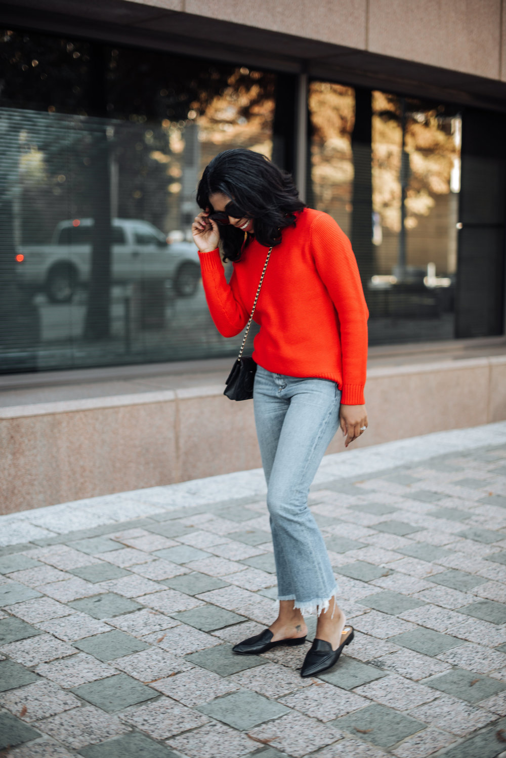 red sweater lucky brand jeans black mules dallas black fashion blogger stephanie taylor jackson