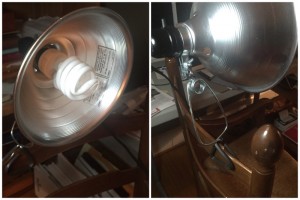 Inexpensive clamp light with a daylight fluorescent bulb.