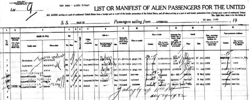 Manifest of “alien passengers” aboard S.S. Baltic sailing for New York, Aug. 20-29, 1932 (click for full image). Note that the Soloveitchiks’ baby daughter Atarah is mistakenly listed as “Sarah” for which there is a penciled correction “Atera.”