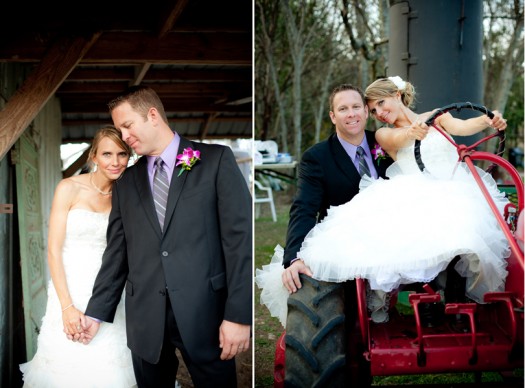 bride and groom on a tractor
