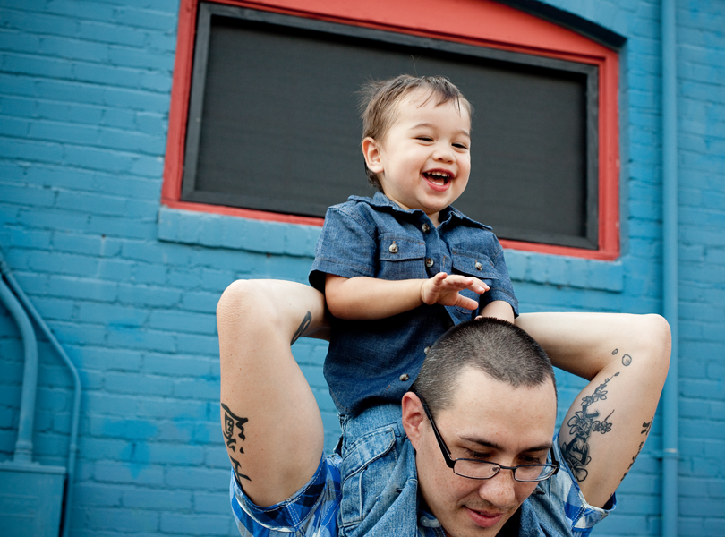 laughing baby, dad, toddler, blue, South Congress Family Portrait