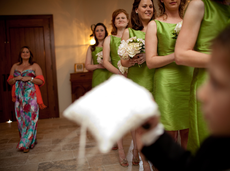 ring bearer, wedding coordinator, photo journalism, green bridesmaids dress, ring pillow