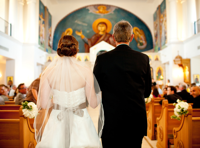 bride with father walking down the aisle, Transfiguration Greek Orthodox Church