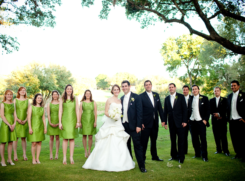 wedding party portrait, The Hills Country Club Wedding, green dress, tuxedo