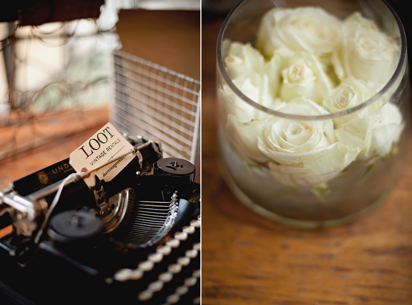 Barr Mansion Weddings, Stems Floral Design, Loot Vintage Rentals, floating roses, antique typewriter