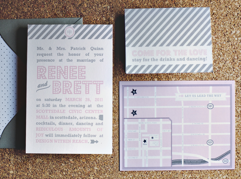 Austin wedding invitation design, pink and grey
