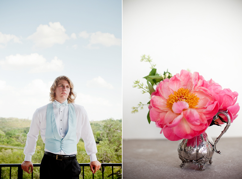 Austin Weddings, Camille Styles, The Byrd Collective, antiquaria vintage registry, pink flowers, baby blue vest, blond