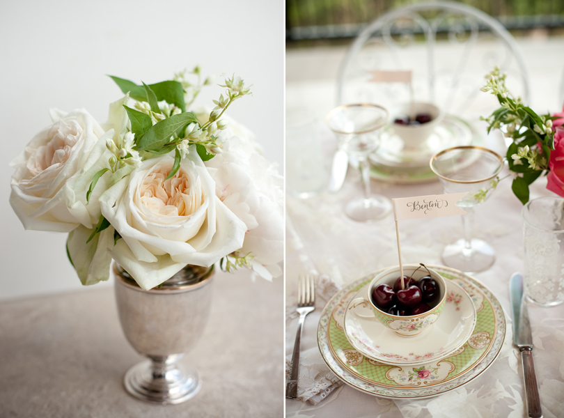 Austin Weddings, Camille Styles, The Byrd Collective, antiquaria vintage registry, while flowers in antique silver setting, southern charm, cherries