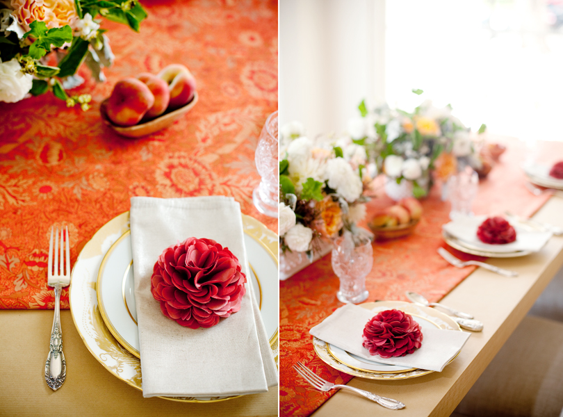 Camille Styles, The Byrd Collective, Any Style Catering, Food and Flowers, dinner party, peach, gold china, table scape