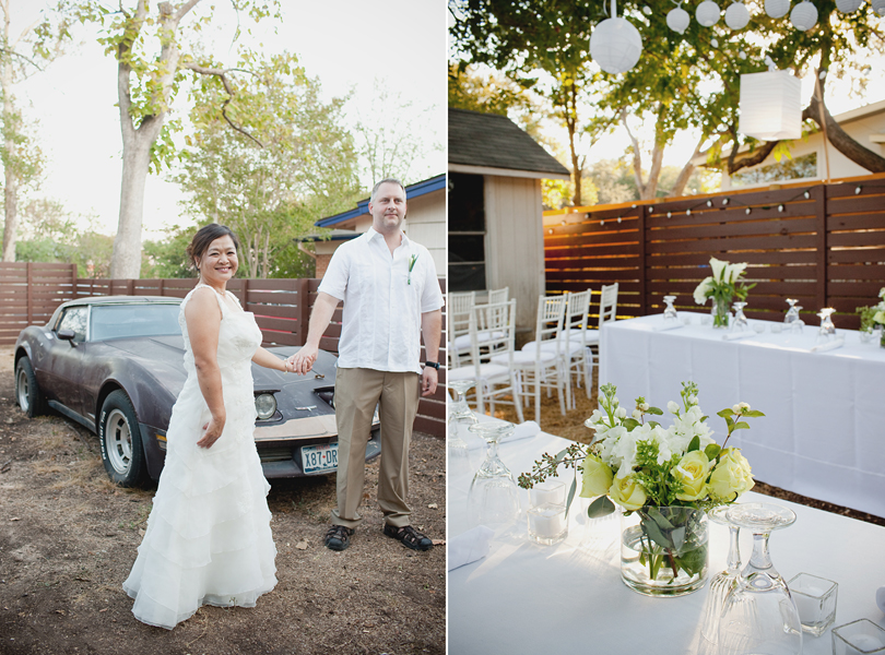 charming south austin backyard wedding, whole foods, DIY, mature bride and groom, table setting, classic corvette, flower centerpieces