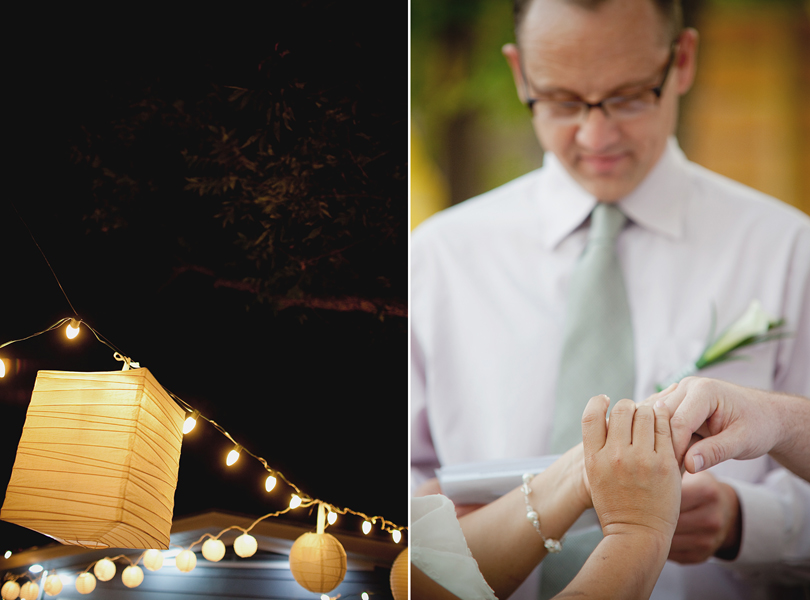 charming south austin backyard wedding, whole foods, DIY, dusk wedding, exchanging rings, paper lanterns