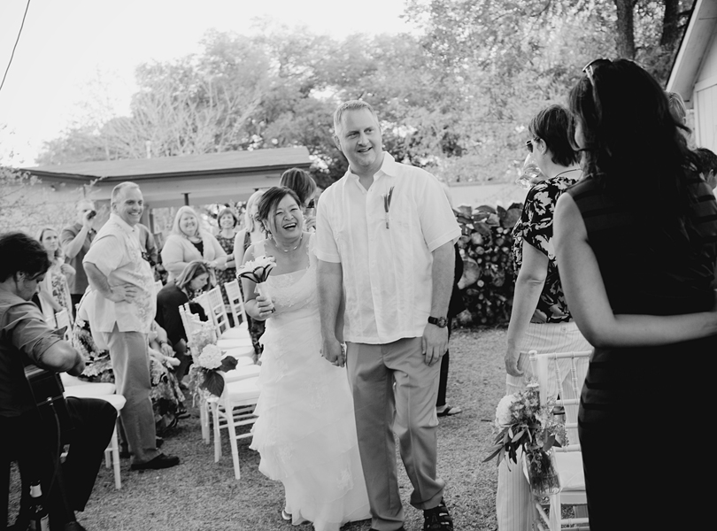 charming south austin backyard wedding, whole foods, DIY, black and white, mature bride and groom, second marriage, met online, happy couple