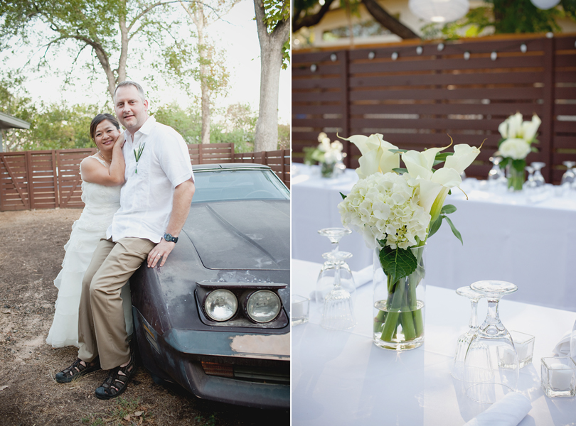 charming south austin backyard wedding, whole foods, DIY, flower lilly centerpiece, table settings, mature bride and groom, austin wedding photography