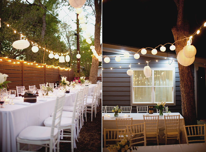 charming south austin backyard wedding, whole foods, DIY, dusk wedding, paper lanterns,