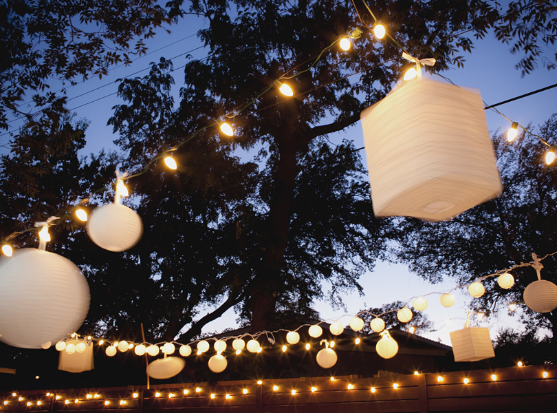 charming south austin backyard wedding, whole foods, DIY, dusk, paper lanterns,