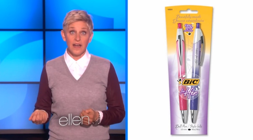 Ellen geniusly pokes fun at why women need their own pens in pink and purple.