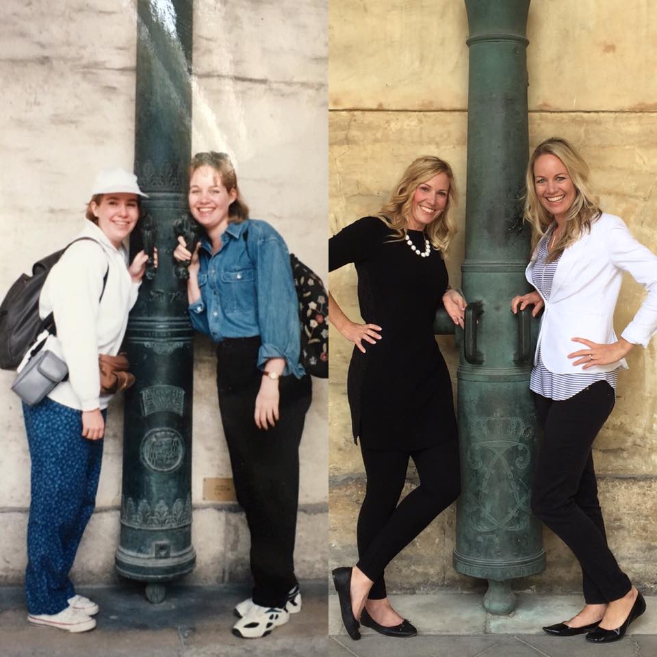 A fun photo re-enactment at Les Invalides in Paris, twenty years later. (And please tell me we look better now!)