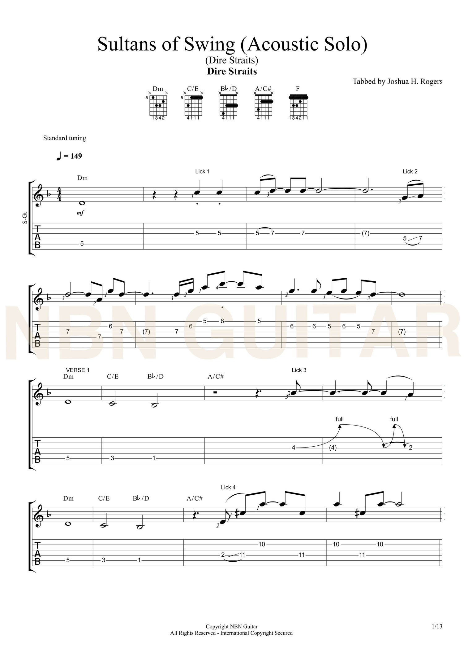 exagerar Oficiales étnico Sultans of Swing 'Acoustic Solo' Free Sheet Music & Tabs — NBN Guitar