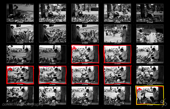 The final contact sheet showing red markings for my favourite frames & yellow for the best one